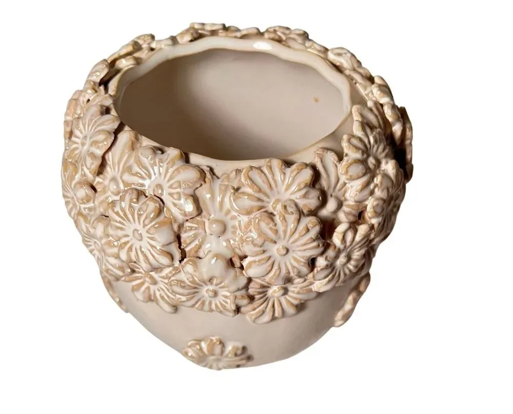 Ceramic Planter With Intricate 3D Floral Relief Cascading Sculpted Blossoms